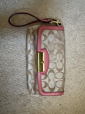 Coach Beige Signature Wristlet with Pink Trim